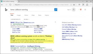 Bing search results for "BMW collision warning"