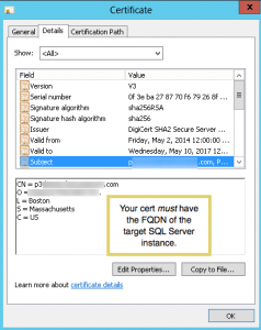 Cert for SQL Server must match FQDN in subject field