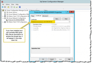 Configure certificate in SQL Server Configuration Manger
